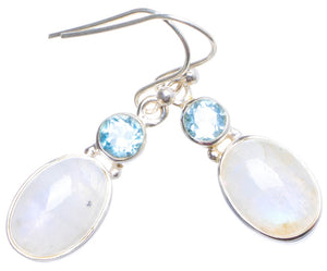 Natural Rainbow Moonstone and Blue Topaz Handmade Unique 925 Sterling Silver Earrings 1.25" X4383