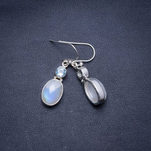 Natural Rainbow Moonstone and Blue Topaz Handmade Unique 925 Sterling Silver Earrings 1.25" X4383