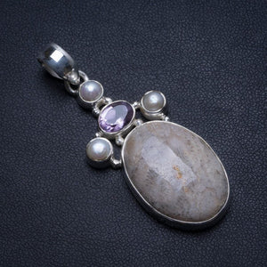 Fossil Coral,Amethyst and River Pearl Handmade Vintage 925 Sterling Silver Pendant 2" T2280
