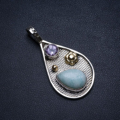 Two Tones Amazonite and Amethyst Handmade Unique 925 Sterling Silver Pendant 1 3/4
