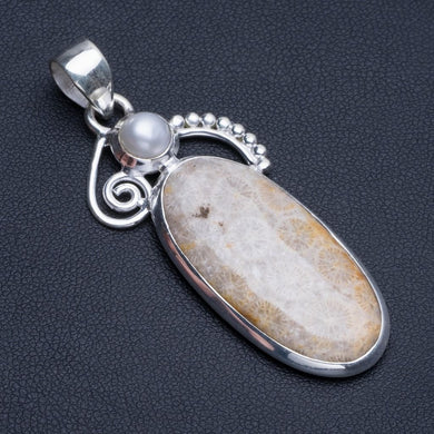 Natural Fossil Coral and River Pearl 925 Sterling Silver Pendant Necklace 2 1/4