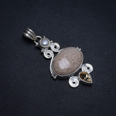 Natural Fossil Coral,River Pearl and Citrine 925 Sterling Silver Pendant 1 3/4