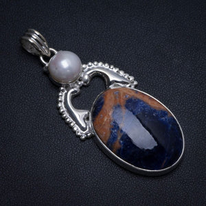 Natural Navy Sodalite and River Pearl Handmade Indian 925 Sterling Silver Pendant 2 1/4" T0577