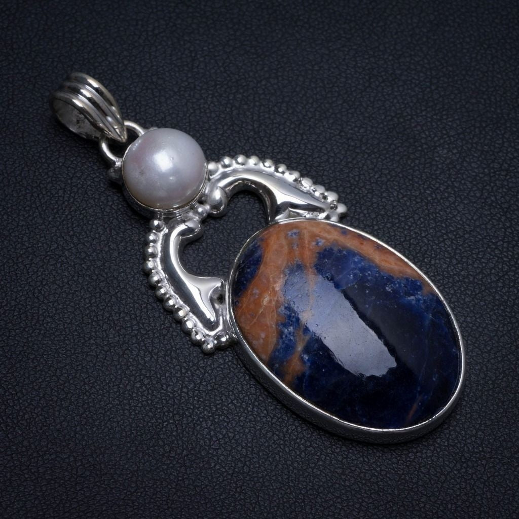 Natural Navy Sodalite and River Pearl Handmade Indian 925 Sterling Silver Pendant 2 1/4