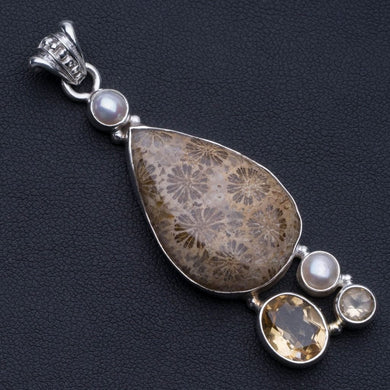Natural Fossil Coral,Citrine and River Pearl 925 Sterling Silver Pendant 2 1/2