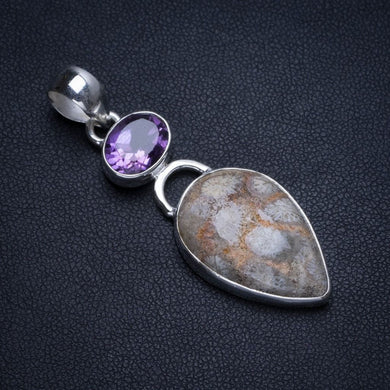 Fossil Coral and Amethyst Handmade Indian 925 Sterling Silver Pendant 2