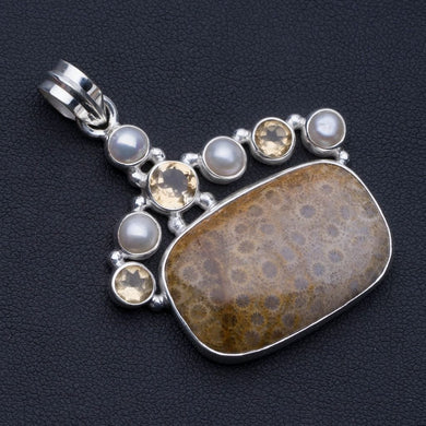 Natural Fossil Coral,Citrine and River Pearl 925 Sterling Silver Pendant 2