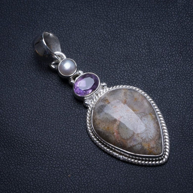 Fossil Coral,Amethyst and River Pearl Handmade Mexican 925 Sterling Silver Pendant 2
