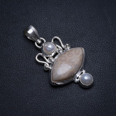 Natural Fossil Coral and River Pearl Boho 925 Sterling Silver Pendant 1 1/2