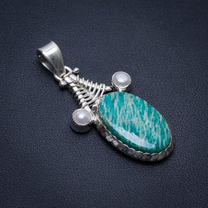 Natural Amazonite and River Pearl Boho Style 925 Sterling Silver Pendant 2" S0304