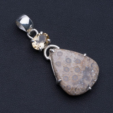Natural Fossil Coral and Citrine 925 Sterling Silver Pendant 2