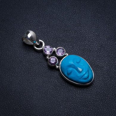 Carved Face Synthetic Turquoise and Amethyst Mexican 925 Sterling Silver Pendant 1 1/2