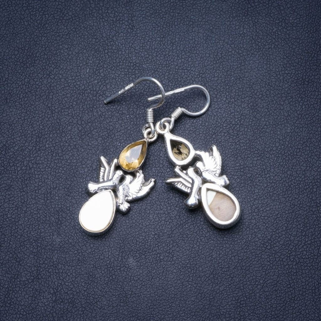 Natural Mother Of Pearl and Citrine Handmade Unique 925 Sterling Silver Earrings 1.5