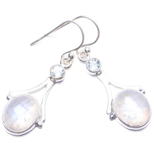 Natural Rainbow Moonstone and Blue Topaz Handmade Unique 925 Sterling Silver Earrings 1.5" Y3140