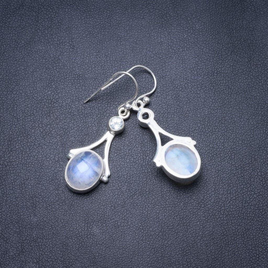Natural Rainbow Moonstone and Blue Topaz Handmade Unique 925 Sterling Silver Earrings 1.5