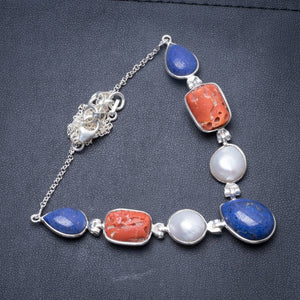Lapis Lazuli,Natural Hole Red Coral and River Pearl Handmade 925 Sterling Silver Necklace 16.5" Y3498