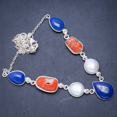 Natural Red Coral,Lapis Lazuli and River Pearl 925 Sterling Silver Necklace 16.5+1.75