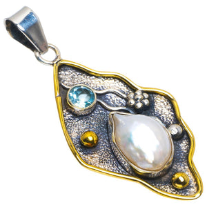 Natural Two Tones Biwa Pearl and Blue Topaz Handmade Unique 925 Sterling Silver Pendant 2" B4003