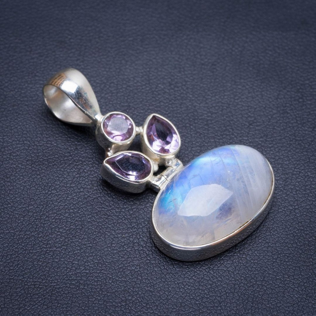 Rainbow Moonstone and Amethyst Handmade Unique 925 Sterling Silver Pendant 1.5
