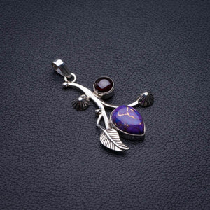 Copper Turquoise And Amethyst Leaf Handmade 925 Sterling Silver Pendant 1.75" D1763