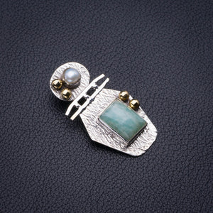 Natural Two Tones Amazonite And River Pearl Handmade 925 Sterling Silver Pendant 1.5" D2699