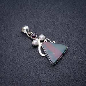 Blood Stone,River Pearl And Amethyst Handmade 925 Sterling Silver Pendant 2" D2798