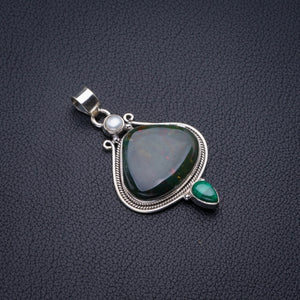 Natural Blood Stone,River Pearl And Malachite Handmade 925 Sterling Silver Pendant 2" D2797