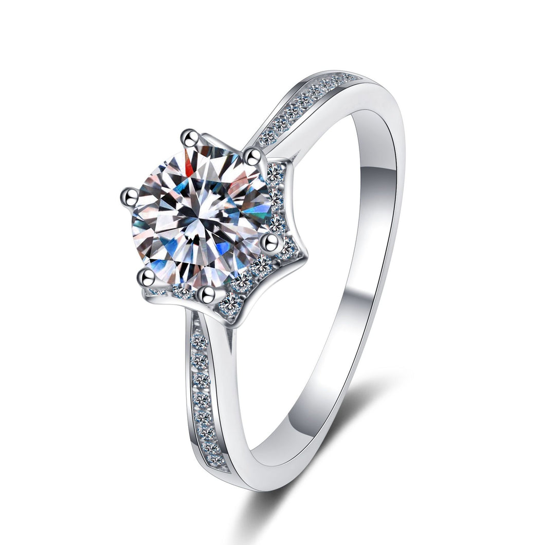 hesy®1ct Moissanite 925 Silver Platinum Plated&Zirconia Surrounded Star Six Prong Ring B4537