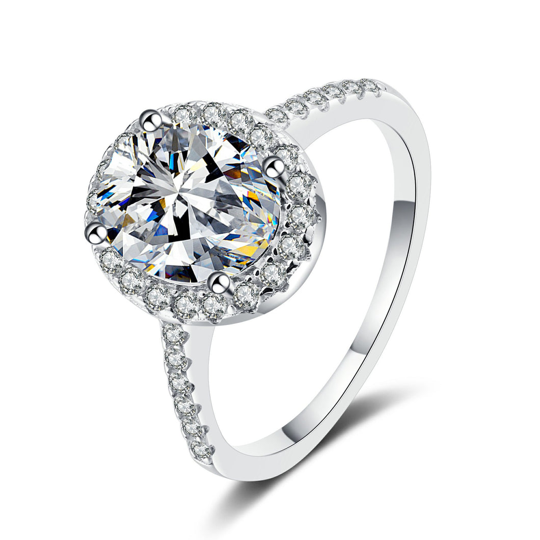 hesy®1-2ct Moissanite 925 Silver Platinum Plated&Zirconia Surrounded Oval-Shape Ring B4508