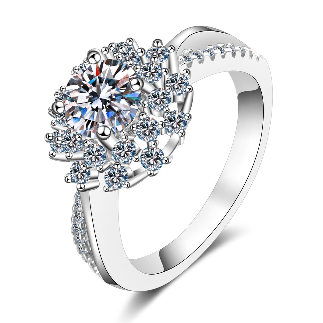 hesy®0.8ct Moissanite 925 Silver Platinum Plated&Zirconia Surrounded Snowflake Ring B4471