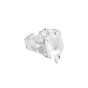 hesy® Inlaid Crystal Broad-Faced Hammer Texture Adjustable Handmade 925 Sterling Silver Ring 7.25 C2351