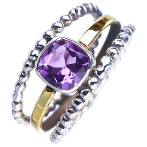 StarGems Natural Amethyst Two Tones Three Layer Handmade 925 Sterling Silver Ring 10.5 E9242