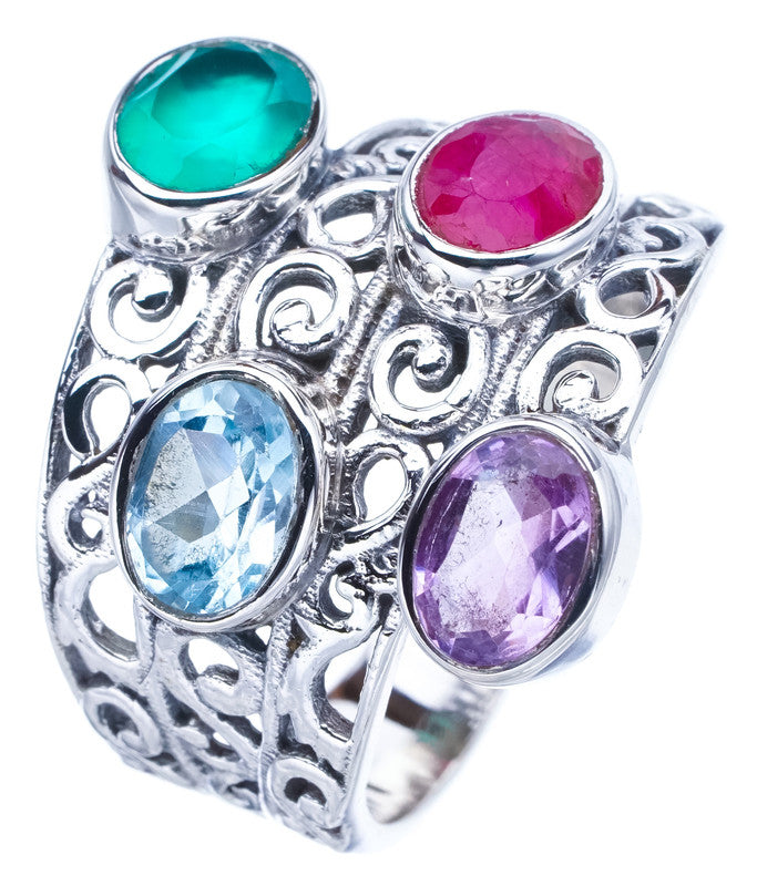 StarGems Natural Cherry Ruby Amethyst,Blue Topaz And Chrysoprase Handmade 925 Sterling Silver Ring 8.75 F1398