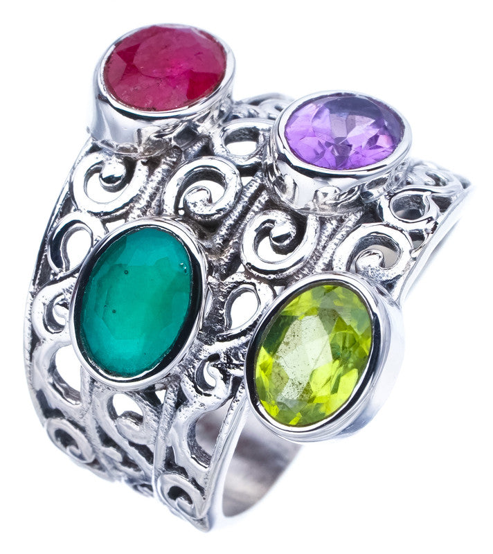 StarGems Natural Cherry Ruby Amethyst,Peridot And Chrysoprase Handmade 925 Sterling Silver Ring 7 F1399