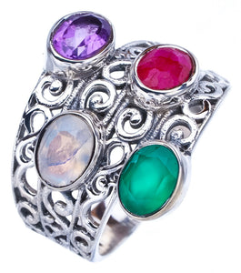 StarGems Natural Moonstone Cherry Ruby,Amethyst And Moonstone Handmade 925 Sterling Silver Ring 10 F2189
