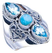 StarGems Natural Larimar Blue TopazHandmade 925 Sterling Silver Ring 10 F2801