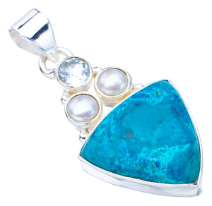 StarGems Chrysocolla River Pearl And Blue TopazHandmade 925 Sterling Silver Pendant 1.5" F4870