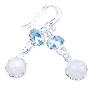 StarGems Moonstone Blue Topaz Heart Handmade 925 Sterling Silver Earrings 1.5" F5992