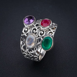 StarGems Natural Moonstone Cherry Ruby,Amethyst And Moonstone Handmade 925 Sterling Silver Ring 10 F2189