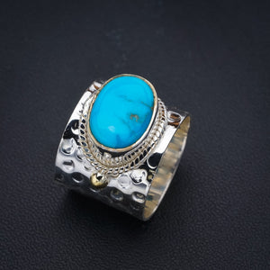 StarGems Natural Turquoise Hammered Wide Band Two Tones Handmade 925 Sterling Silver Ring 7.75 F2324