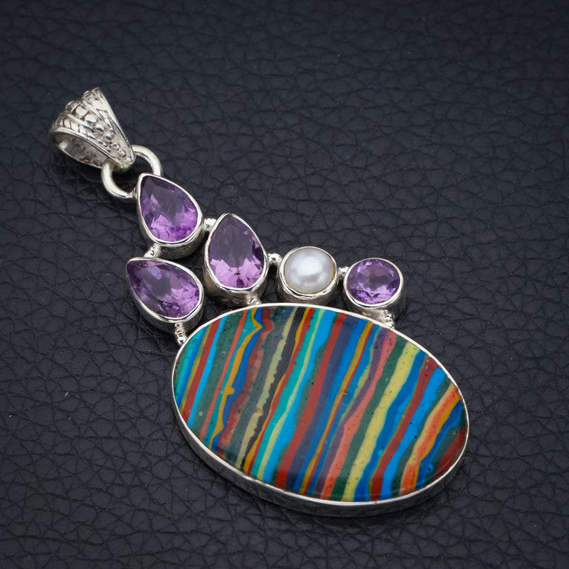 StarGems Rainbow Calsilica River Pearl And Amethyst Handmade 925 Sterling Silver Pendant 2.25