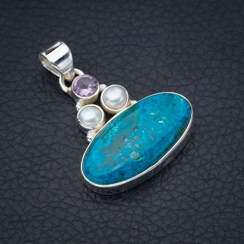 StarGems Chrysocolla River Pearl And Amethyst Handmade 925 Sterling Silver Pendant 1.5