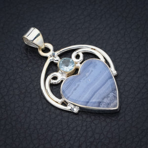 StarGems Blue Lace Agate Blue Topaz HeartHandmade 925 Sterling Silver Pendant 1.75" F4937