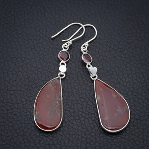 StarGems Blood Stone Garnet HeartHandmade 925 Sterling Silver Earrings 2.25" F6381