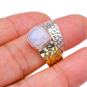 StarGems Natural Moonstone Two Tones Opening Adjustable Handmade 925 Sterling Silver Ring 7 F2551