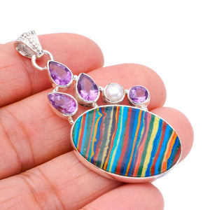 StarGems Rainbow Calsilica River Pearl And Amethyst Handmade 925 Sterling Silver Pendant 2.25" F4752