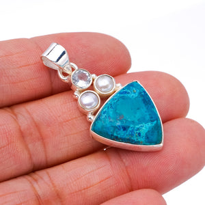 StarGems Chrysocolla River Pearl And Blue TopazHandmade 925 Sterling Silver Pendant 1.5" F4870