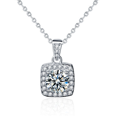hesy®1ct Moissanite 925 Silver Platinum Plated Zirconia Surrounded Square-Shape Necklace B4610