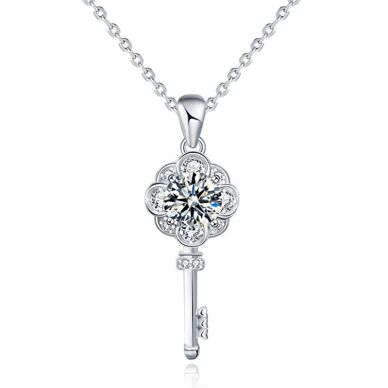 hesy®1ct Moissanite 925 Silver Platinum Plated&Zirconia Key-Shape Necklace B4620